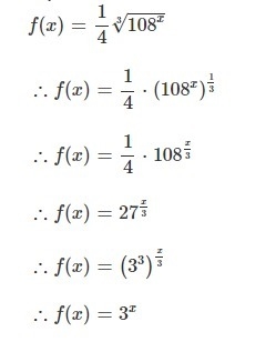 What is the simplified base of the function f(x) = 1/4 3/108*x? A. 3 B. 3*3/4 C. 6*3/3 D-example-1