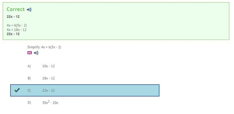 Simplify: 4x + 6(3x - 2) A) 10x - 12 B) 18x - 12 C) 22x - 12 D) 30x2 - 20x-example-1