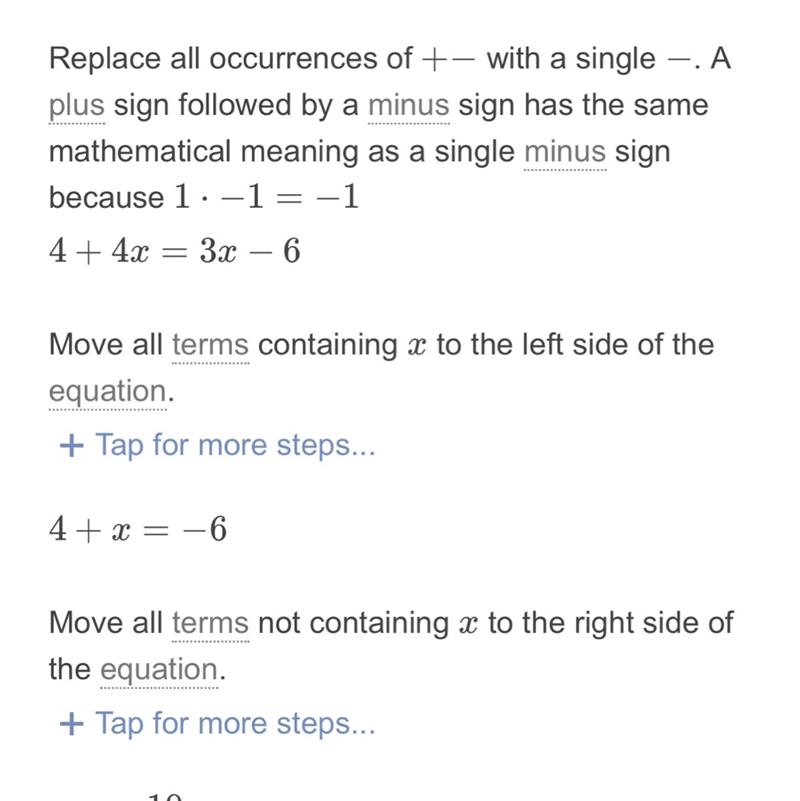 Solve for X: 4 + 4x = 3x + -6-example-1