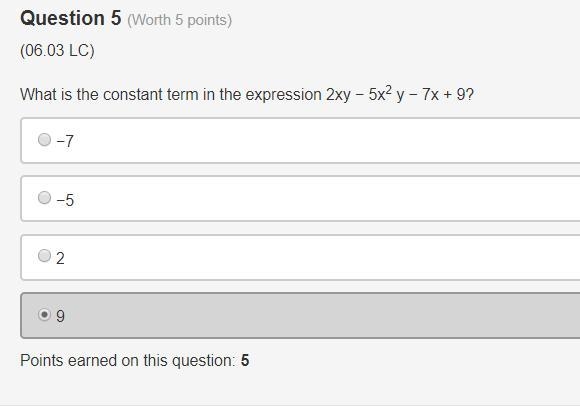 What is the constant term in the expression 2xy − 5x2 y − 7x + 9?-example-1