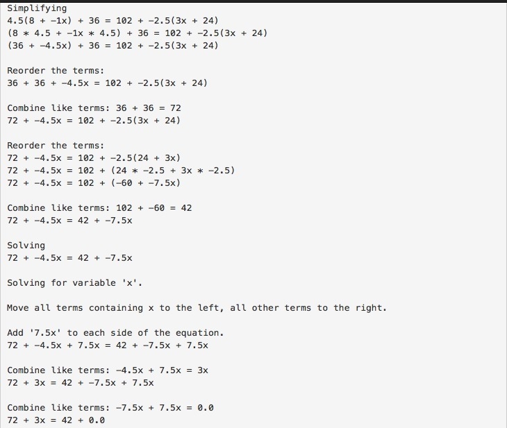 Solve for x. Show each step of the solution. 4(8 – x) + 36 = 102 – 2(3x + 24) Answer-example-1