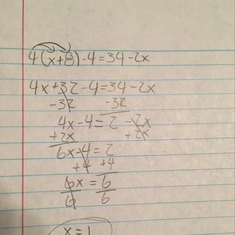 How do i solve 4(x+8) - 4= 34 - 2x ?-example-1