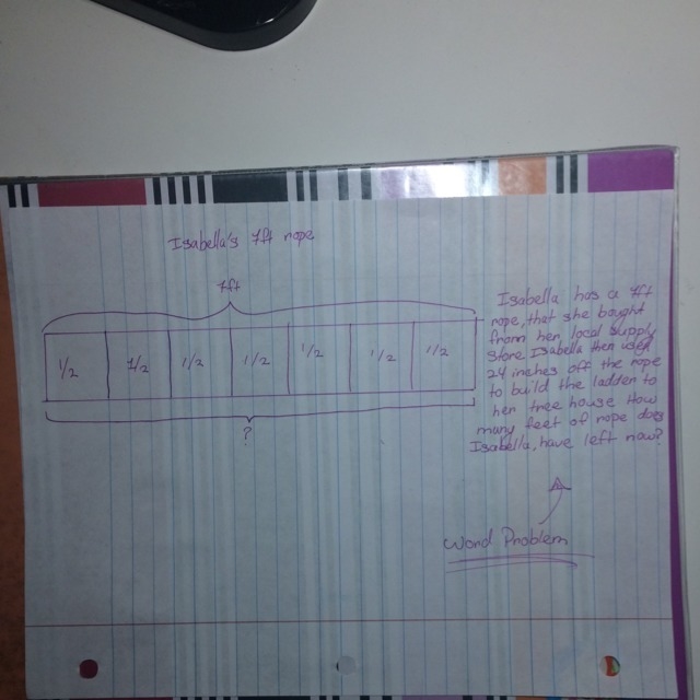 Create a word problem about 7 feet of rope that is modeled by the tape diagram.-example-1