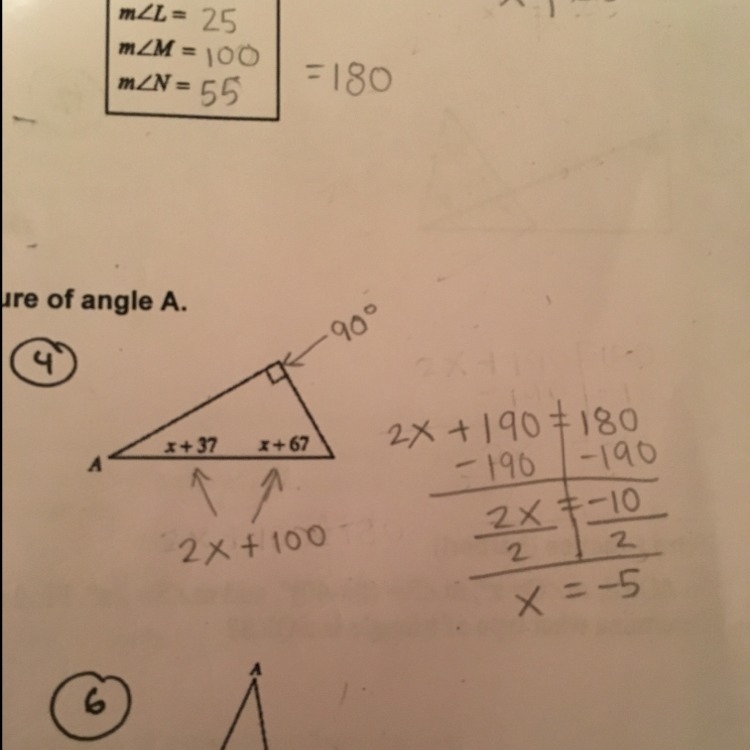 Angles in a triangle: I did common like terms: 2x+190=180. I solved it and got -10. I-example-1