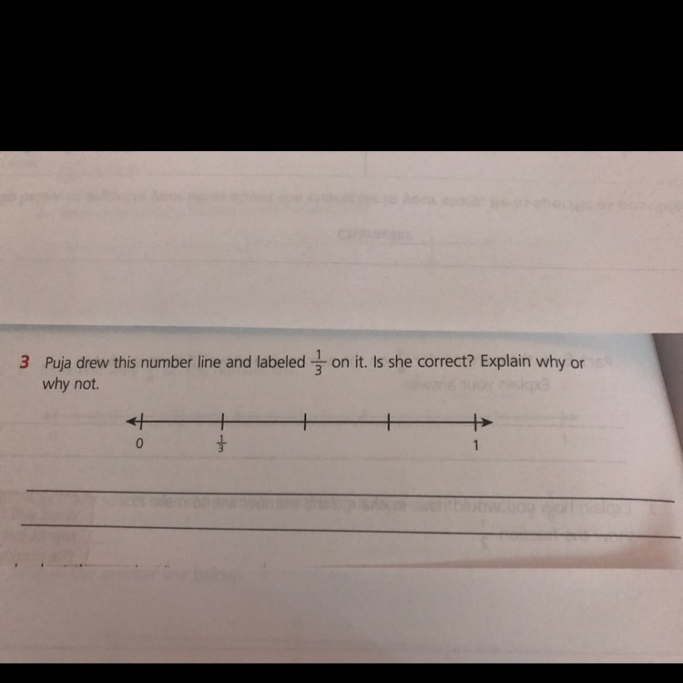 Puja drew this number line and Iabeled 1/3on it.is she correct? Explain why or why-example-1