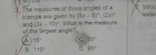 The measures of three angles of a triangle are given (8x-5)°, (2x)°, and (3x-10)°. what-example-1