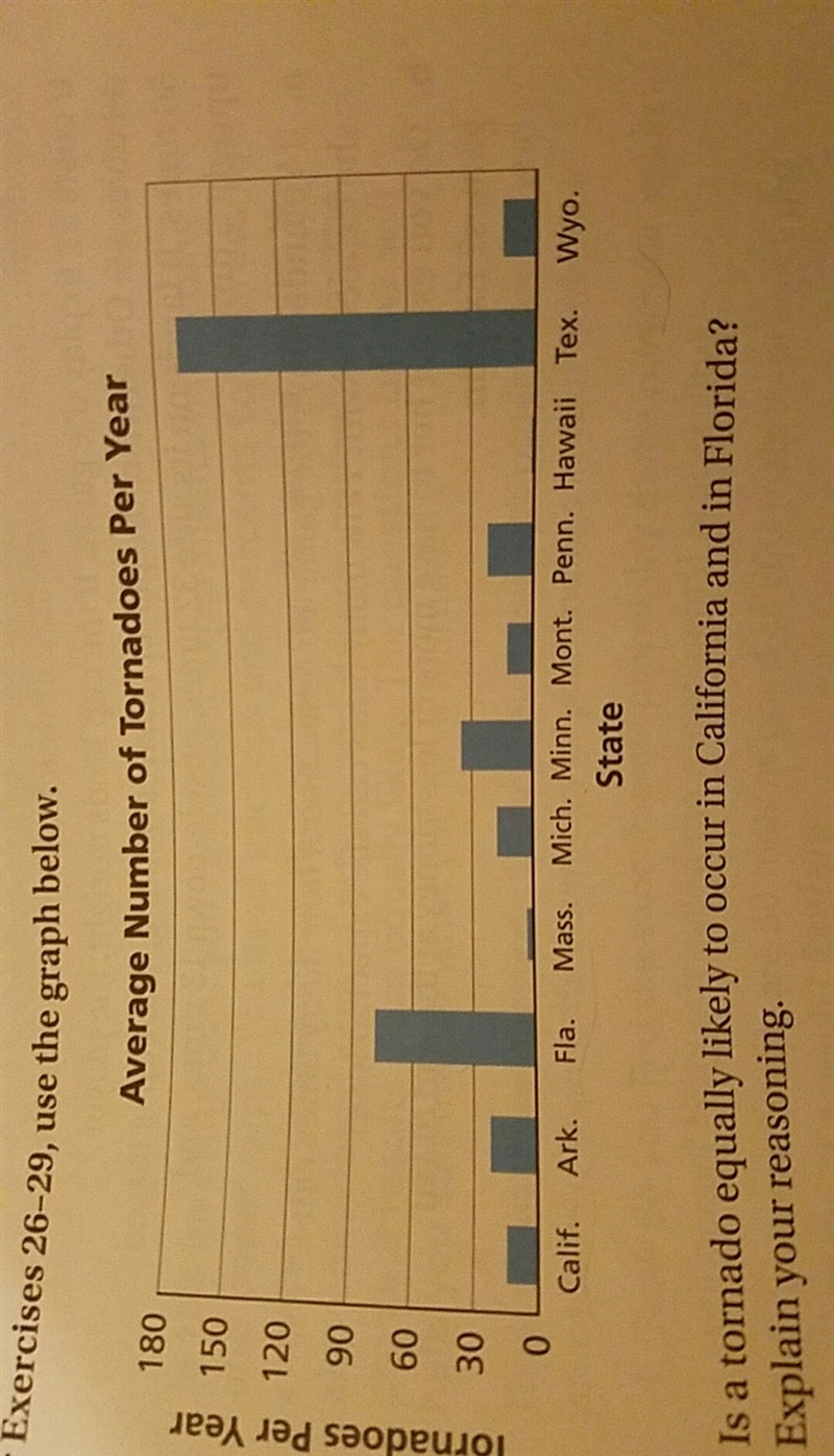 Is a tornado equally likely to occur in California and in Flordia. Explain.-example-1