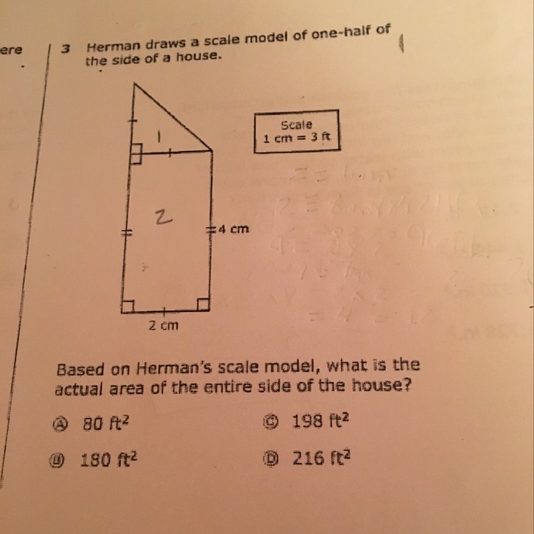 Based on Herman's scale model, what is the actual area of the entire side of the house-example-1