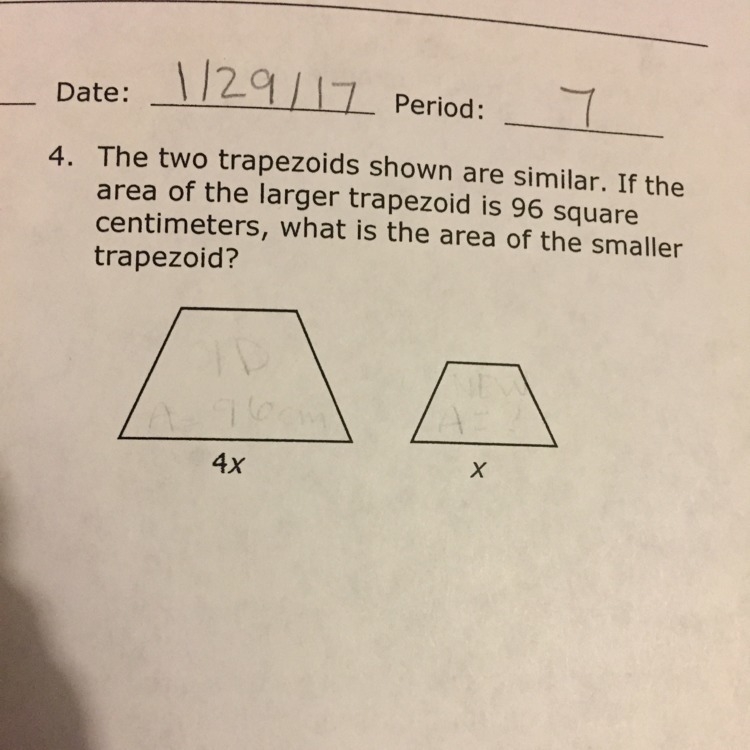 The two trapezoids shown are similar. If the area of the larger trapezoid is 96 square-example-1