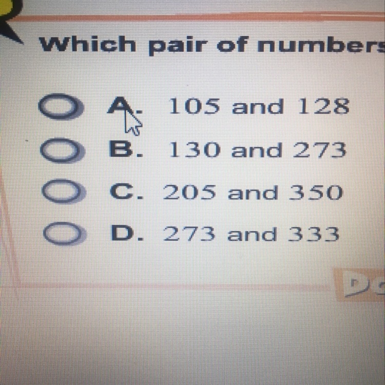 Which pair of numbers is relatively prime-example-1