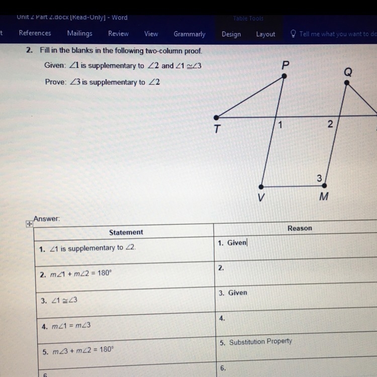 Given: angle 1 is supplementary to angle 2 and angle 1 is congruent to angle 3. Prove-example-1