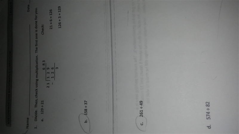 Question 1: 158➗37 Question 2: 261➗49-example-1