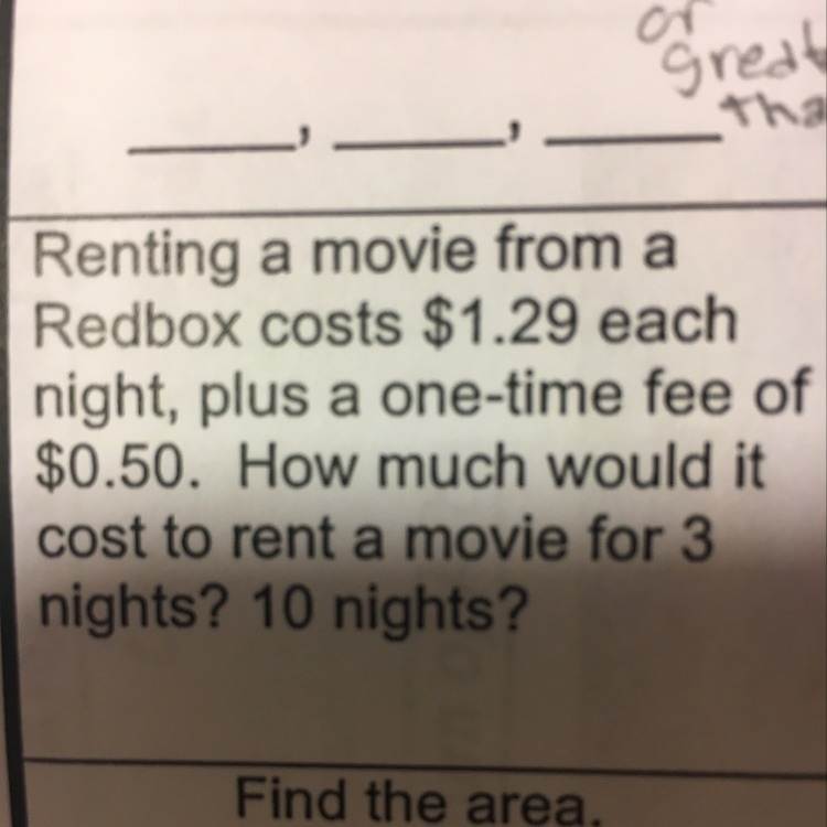 Renting a movie from a Redbox costs $1.29 each night, plus a one-time fee of $0.50. How-example-1