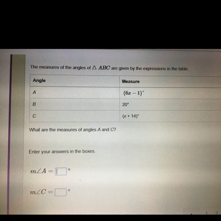 The measures of the angles of triangle ABC are given by the expression and the table-example-1