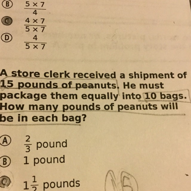 A store clerk received a shipment of 15 pounds of peanuts. He must package them equally-example-1