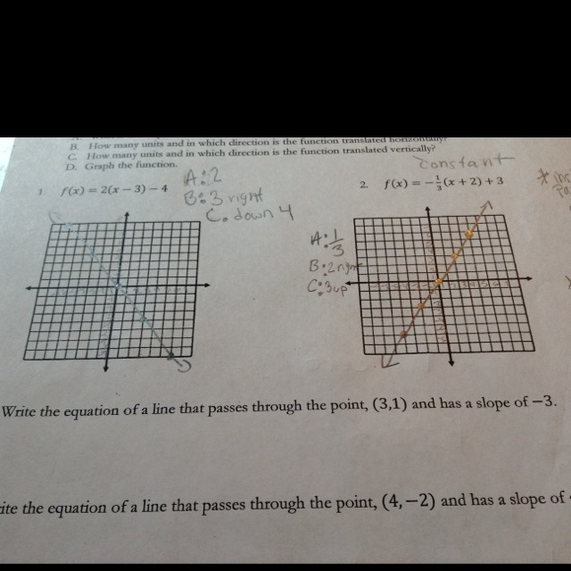 Write the equation of a line that passes through the point,(3,1) and has a slope of-example-1