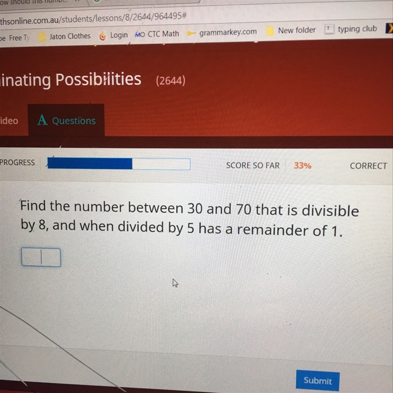 Find the number between 30 and 70 that is divisible by 8, and when divided by 5 has-example-1