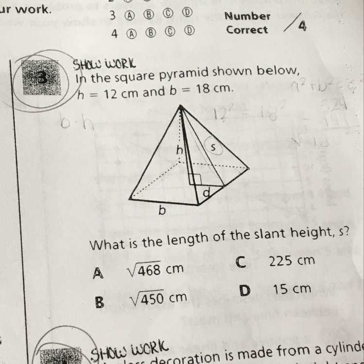 In the square pyramid shown below h=12 and b=18 what is the length of the slant height-example-1