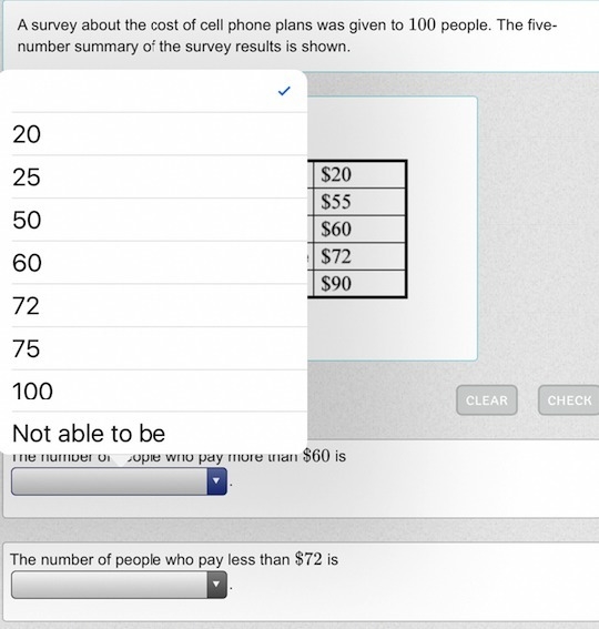 A survey about the cost of cell phone plans was given to 100 people. The five-number-example-1