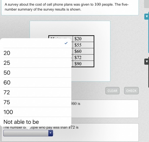 A survey about the cost of cell phone plans was given to 100 people. The five-number-example-2