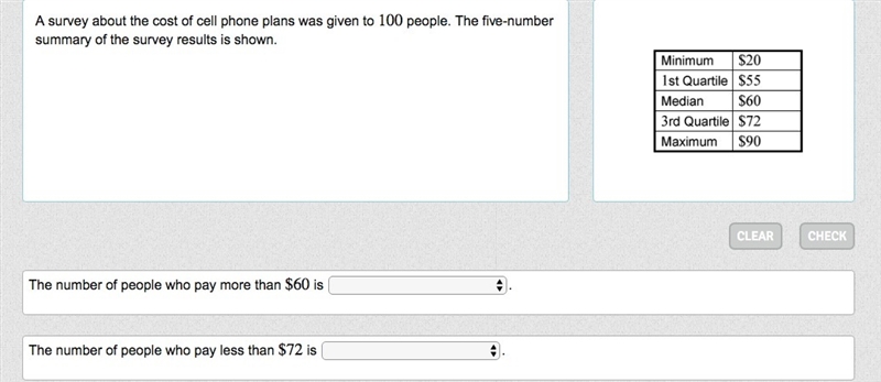 A survey about the cost of cell phone plans was given to 100 people. The five-number-example-3