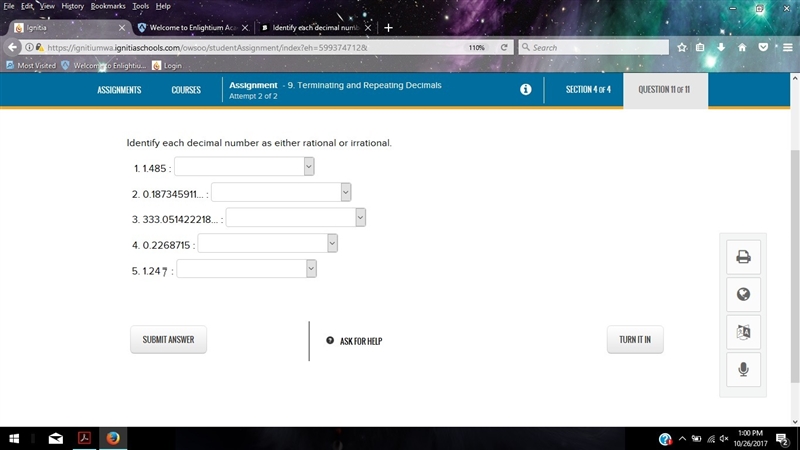 Identify each decimal number as either rational or irrational. PLEASE HELP FAST-example-1