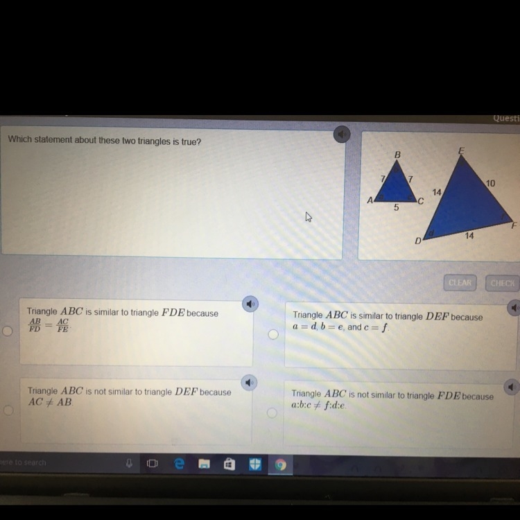 Which statement about these two triangles is true-example-1