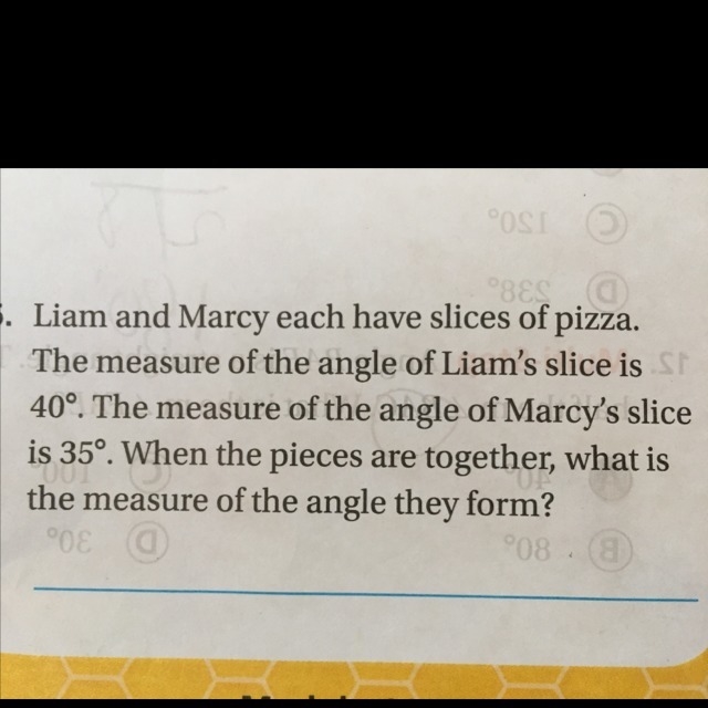 Liam and Marcy each have slices of pizza. The measure of the angle of Liam slice is-example-1