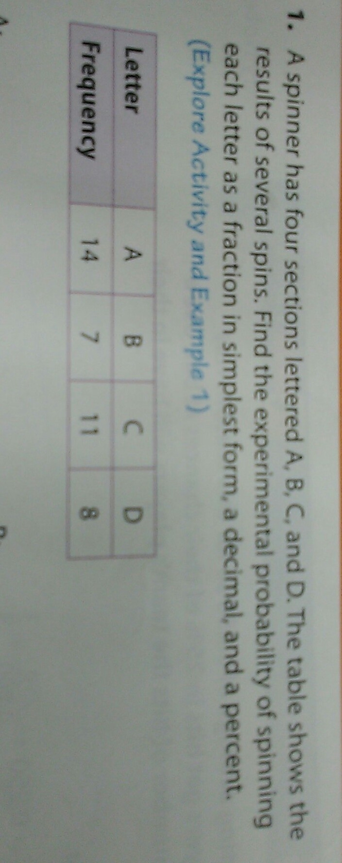 A spinner has four sections lettered A, B, C, and D. The table shows the results of-example-1