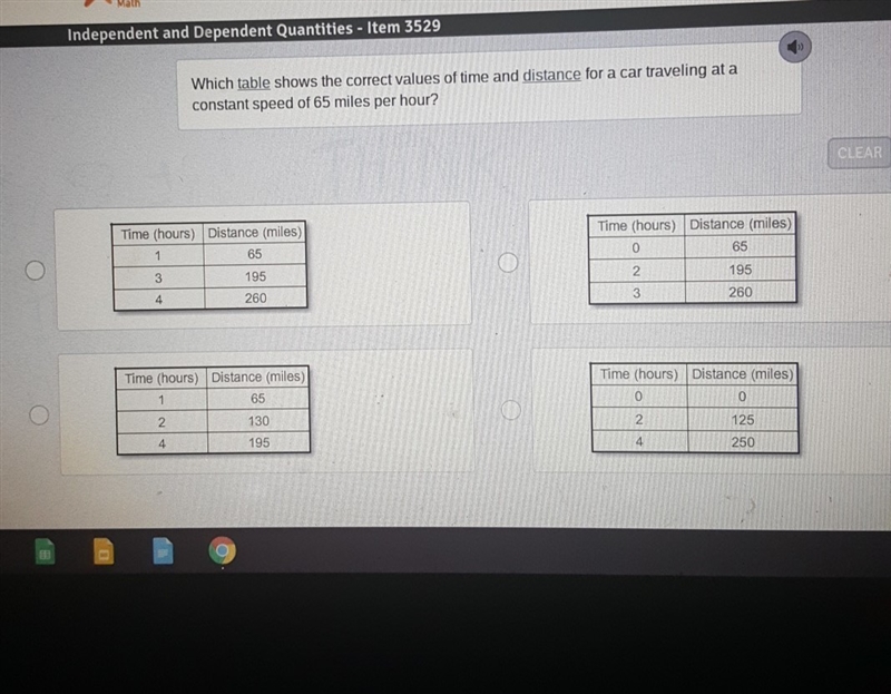 which table shows the correct values of time and distance for a car traveling at a-example-1