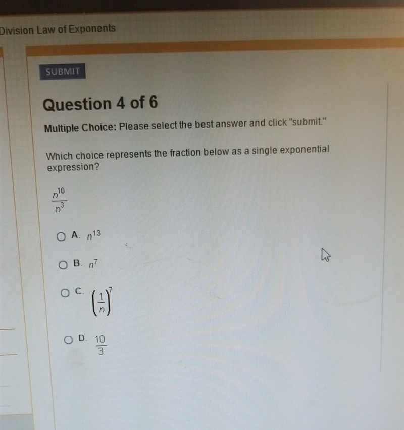 Which choice represents the fraction below as a single exponential expression helppppppppp-example-1