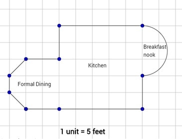 Check my work? Calculate the total area of the space. 1 unit=5 feet. I got 302.6ft-example-1