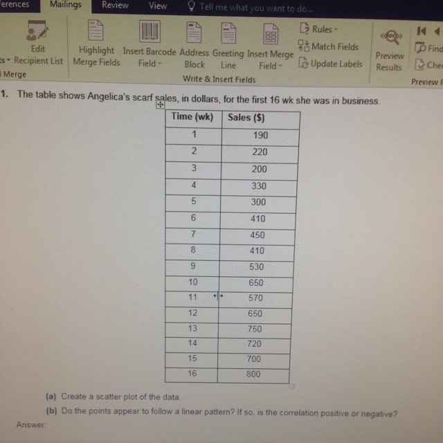 50 points 1.The table shows Angelica's scarf sales in dollars for the first 16 weeks-example-1