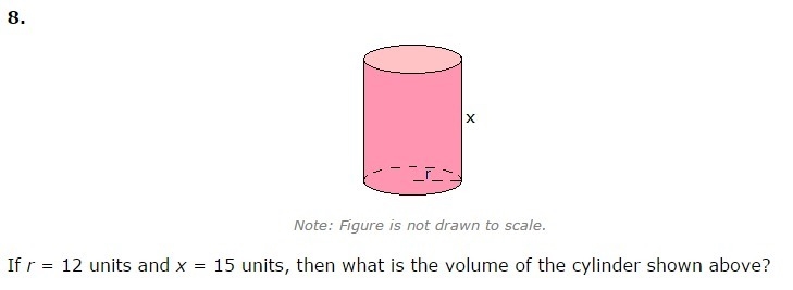 If r = 12 units and x = 15 units, then what is the volume of the cylinder shown above-example-1