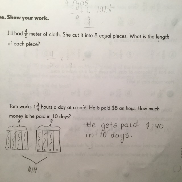 Jill had 4/5 meter of cloth. She cut it into 8 equal pieces. What is the length of-example-1