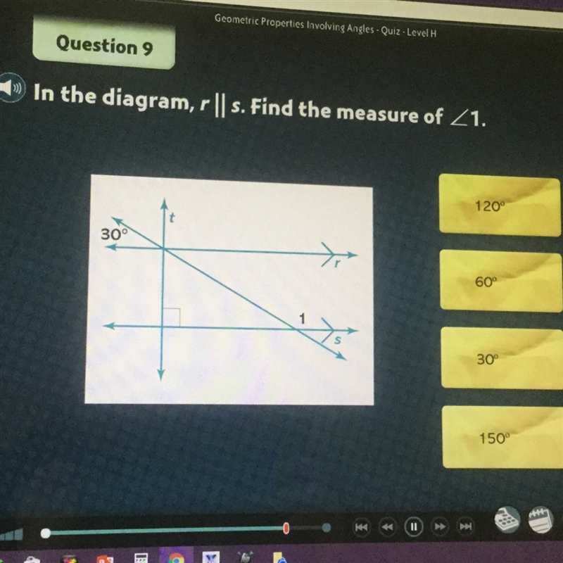 In the diagram, line r is parallel to line s. Find the measure of angle 1.-example-1