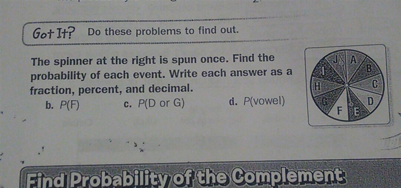 the spinner at the right is spun once.find the probability of each event.write each-example-1