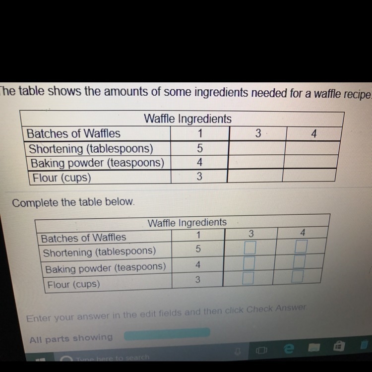 Amount of ingredients needed to make 3 and 4 batches of waffles-example-1