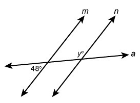 In the figure, lines m and n are parallel. What is the value of y? a.42 b.48 c.132 d-example-1