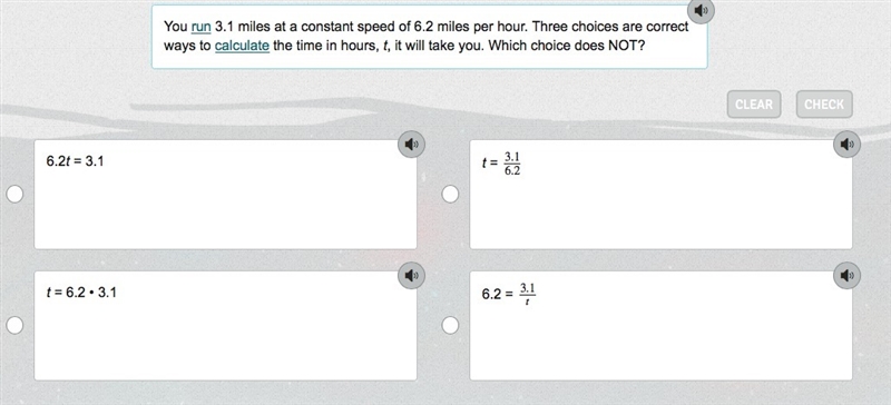 You run 3.1 miles at a constant speed of 6.2 miles per hour. Three choices are correct-example-1