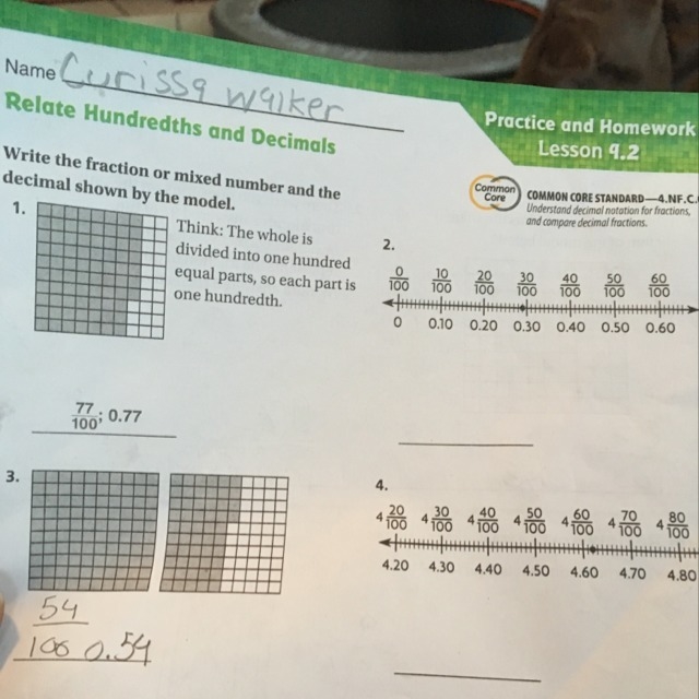 Write the fraction or mixed number and the decimal shown by the model-example-1