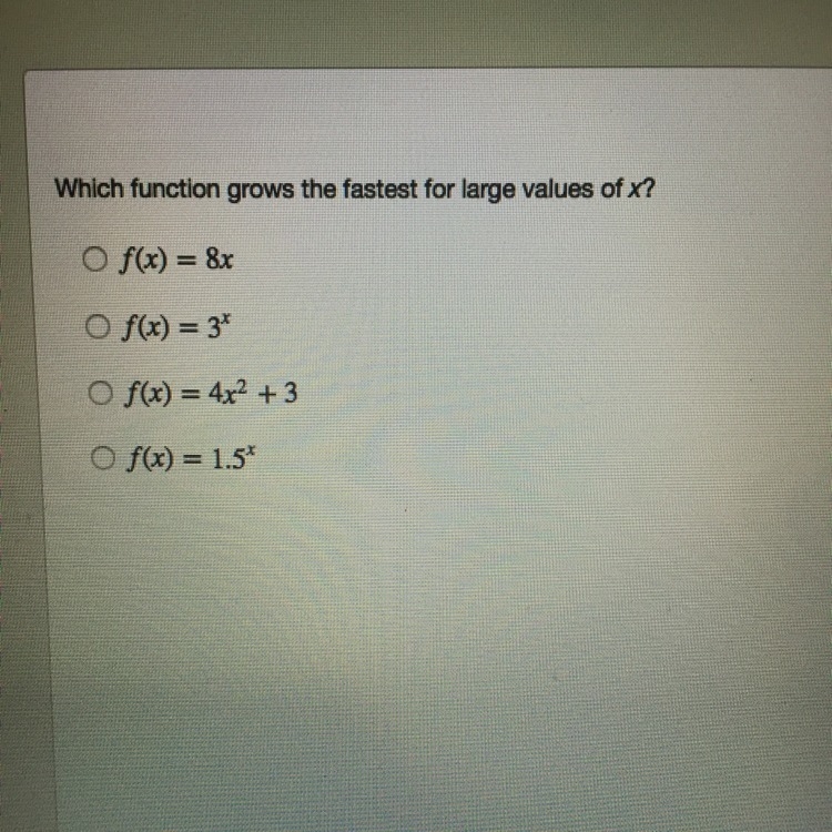 Which function grows the fastest for large values of x?-example-1