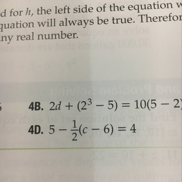 How to solve 5 - 1/2 (c - 6) = 4?? Question 4D-example-1