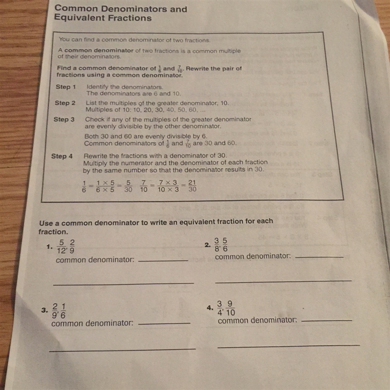 Use common denominators to write an equivalent fraction for each fraction please help-example-1