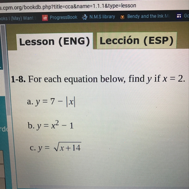 For each equation below find y if x = 2-example-1