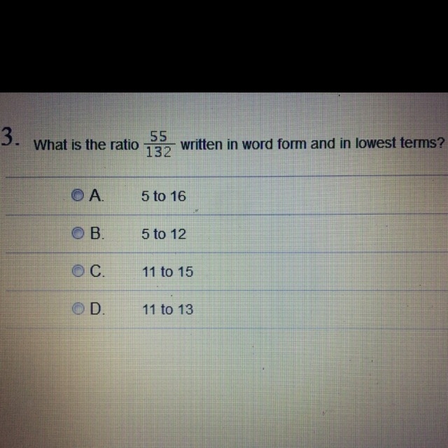 What is the ratio of 55/132 written in word form and in lowest terms?-example-1