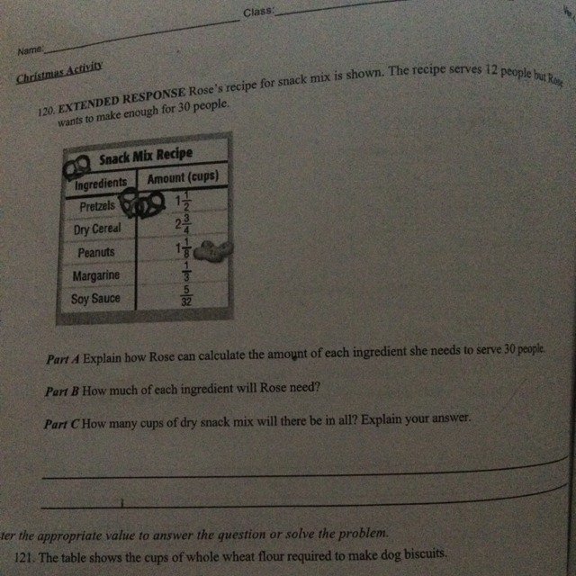 Rose's recipe for snack mix is shown. The recipe serves 12 people but Rose wants to-example-1
