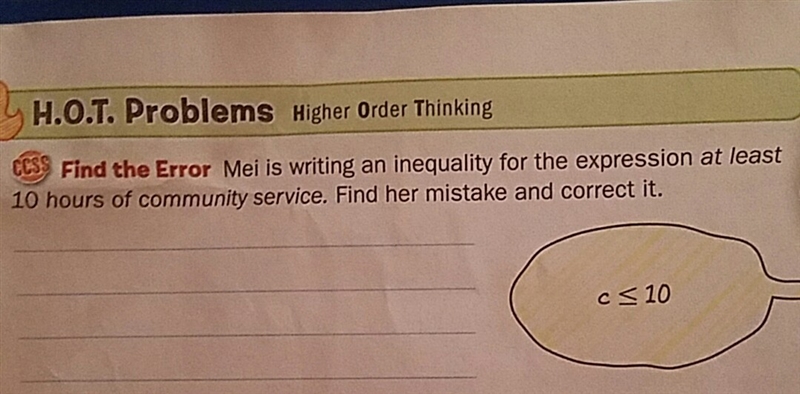 Mei is writing an inequality for the expression at least 10 hours of community service-example-1