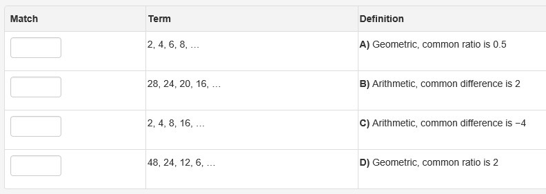 Match the sequence (term) with the correct type of sequence (definition).-example-1