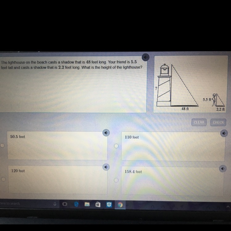 The lighthouse on the beach cast a shadow that is 48 feet long your friend is 5.5 feet-example-1